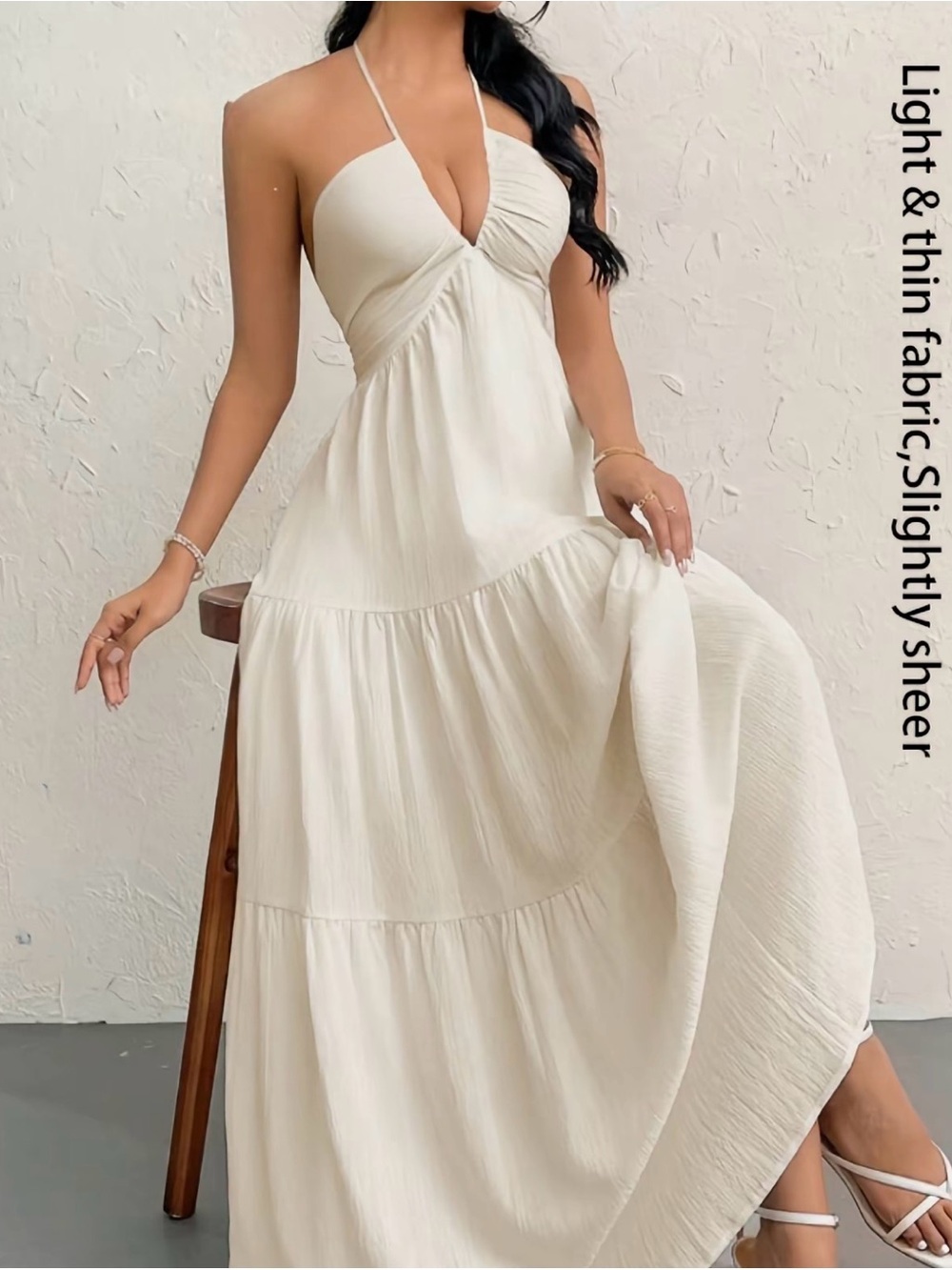 Ivory Halter Maxi Dress with V-Neck and Tiered Skirt